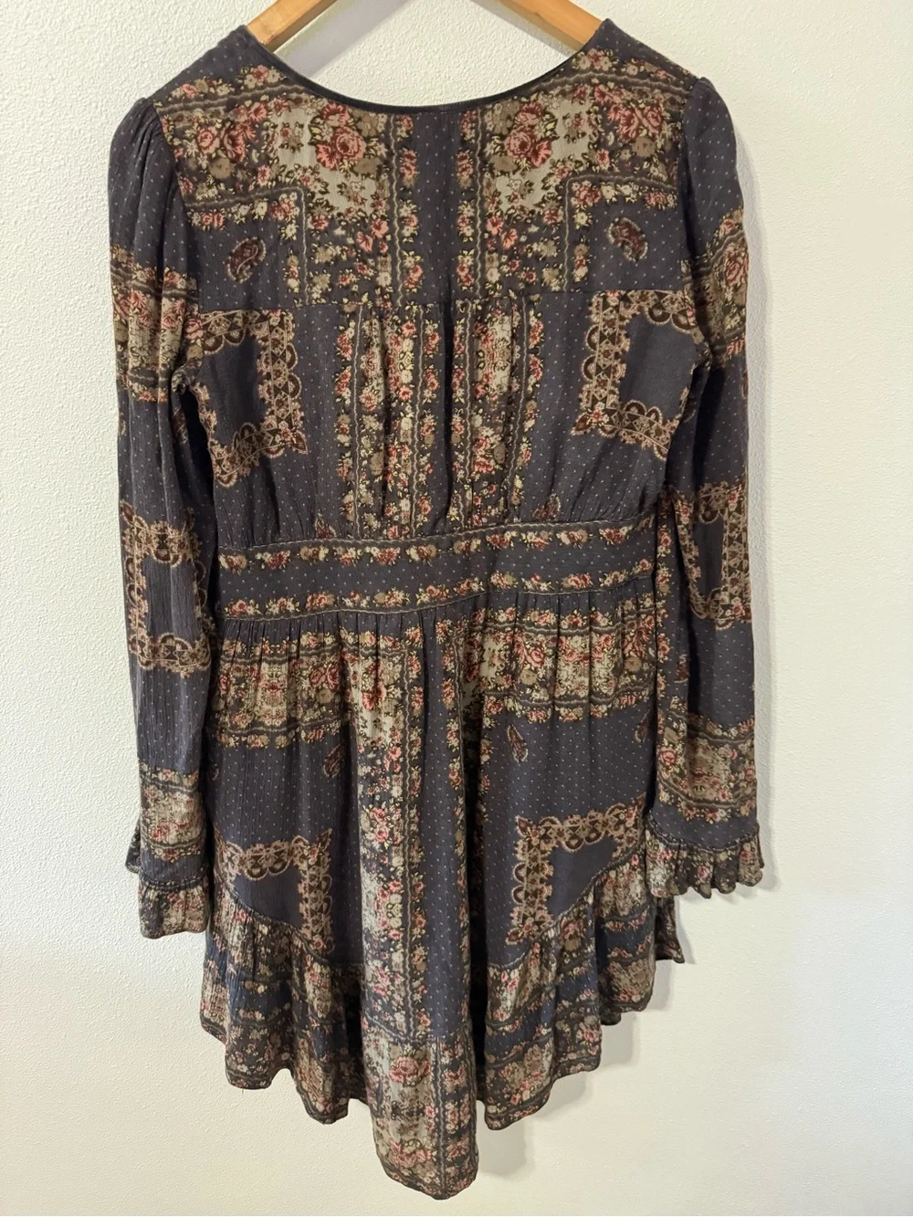 Free People Bridgette Mini Dress Brown Floral V Neck Tie Long Sleeve Peasant-S